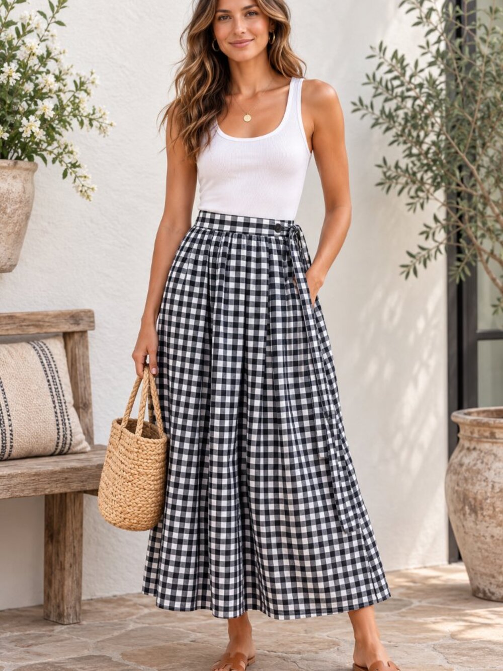 Anaak Black & White Gingham Side Button-down Maxi Skirt Sz 1
